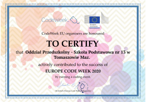 certyfikat przyznany za udział w Tygodniu Kodowania
